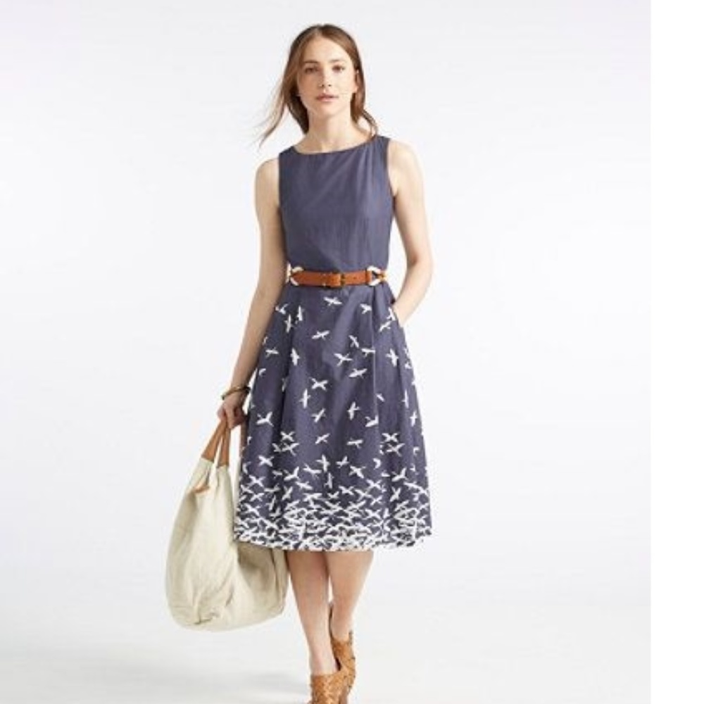 The Signature Poplin Dress, Navy Bird Print new!